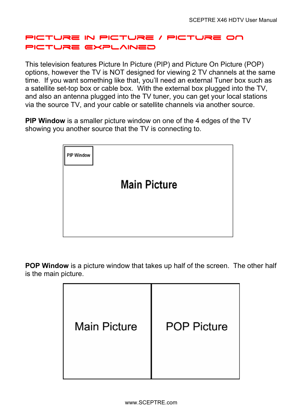 Picture in picture / picture on picture explained | Sceptre X46BV-FULLHD User Manual | Page 105 / 127