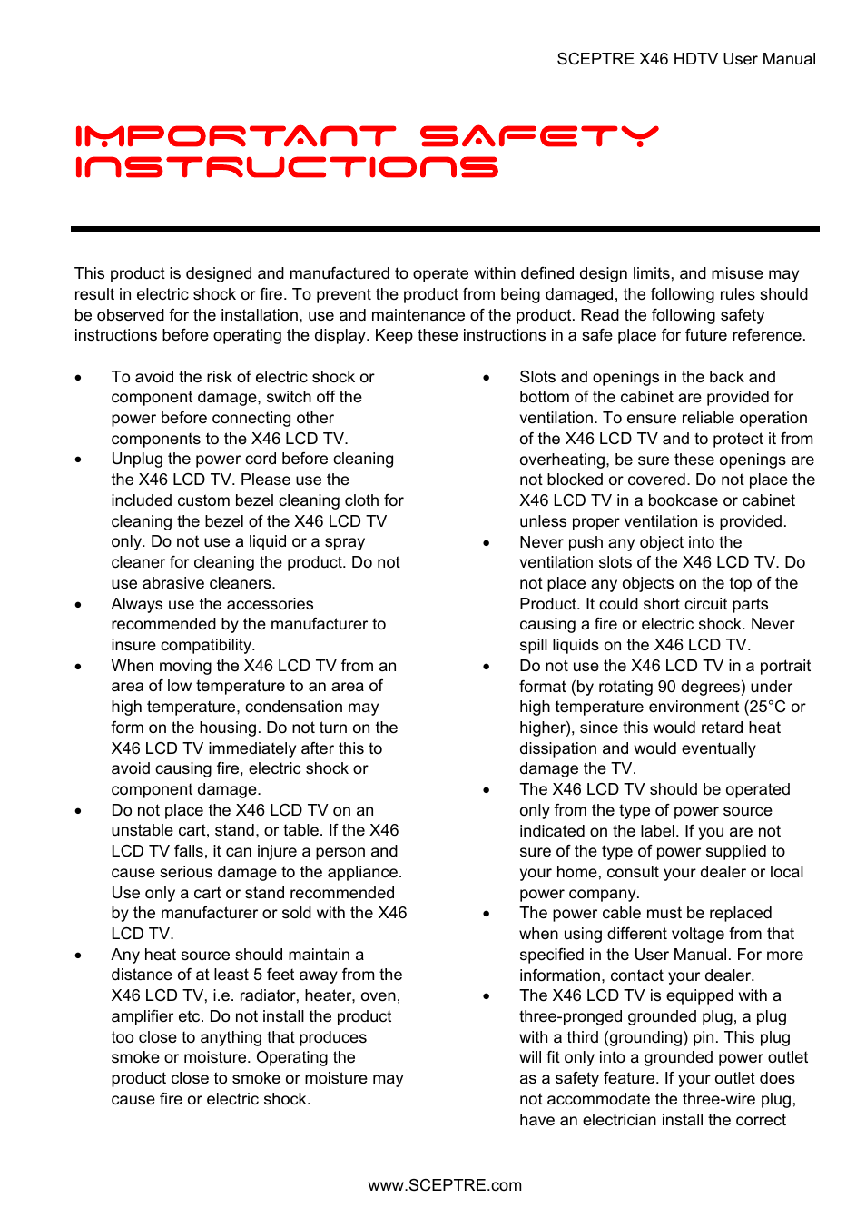 Important safety instructions | Sceptre X46BV-FULLHD User Manual | Page 3 / 127