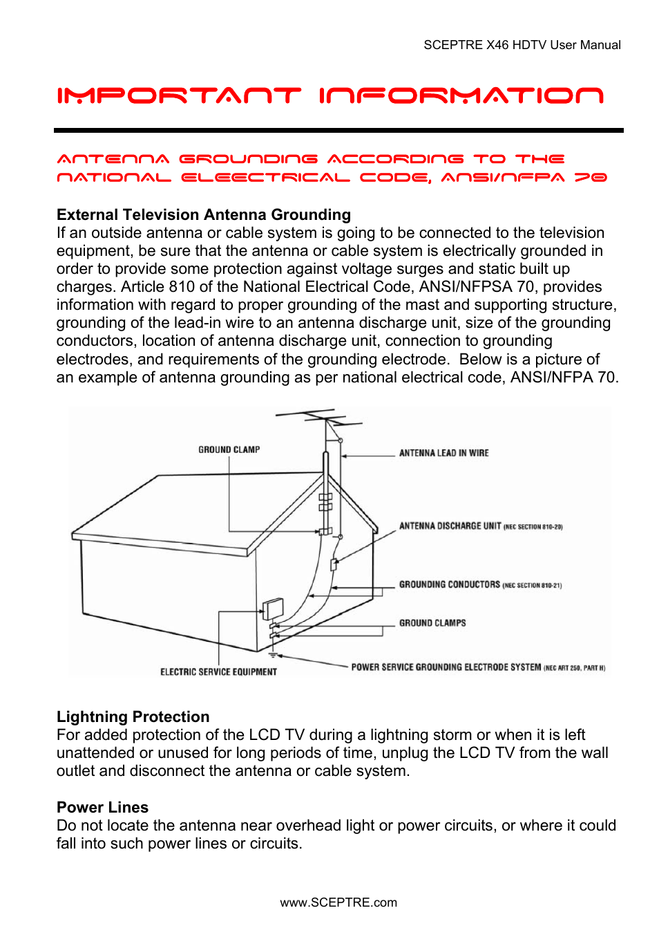 Important information | Sceptre X46BV-FULLHD User Manual | Page 5 / 127