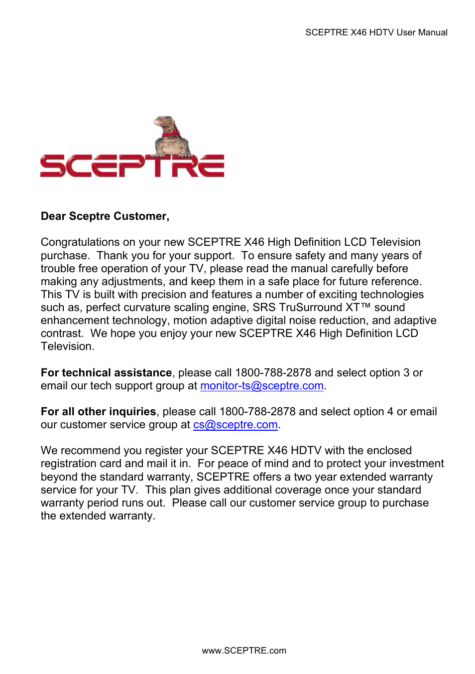 Dear sceptre customer | Sceptre X46BV-FULLHD User Manual | Page 8 / 127