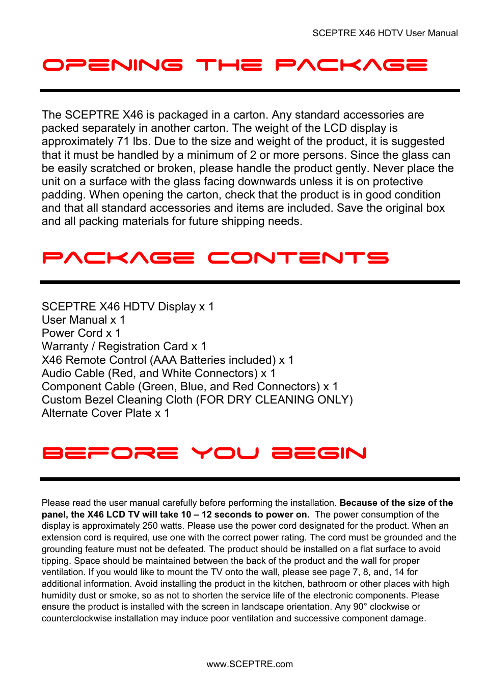 Opening the package, Package contents, Before you begin | Sceptre X46BV-FULLHD User Manual | Page 9 / 127