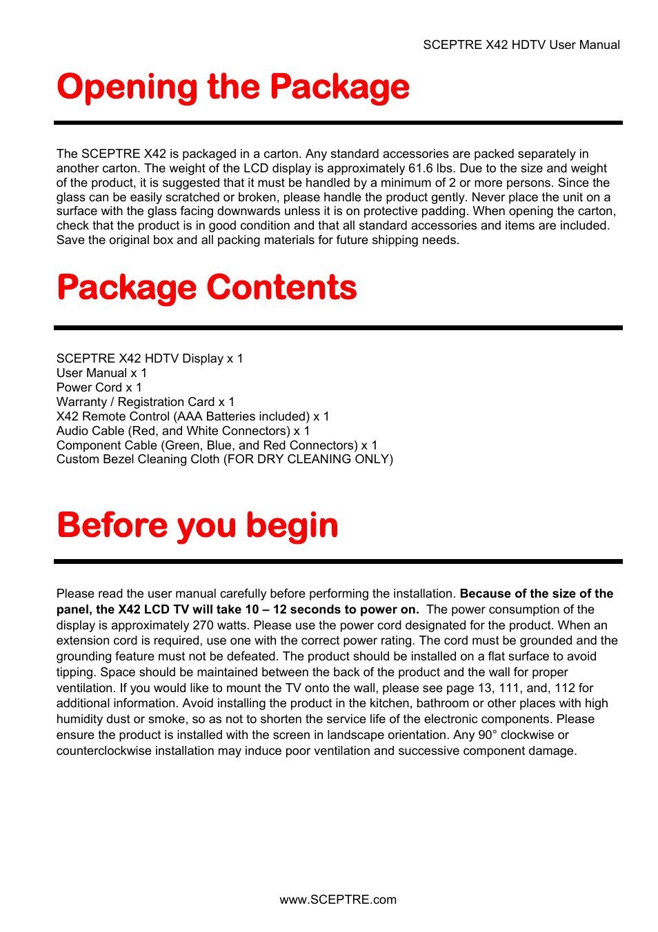 Opening the package, Package contents, Before you begin | Sceptre X42BV-FULLHD User Manual | Page 10 / 128