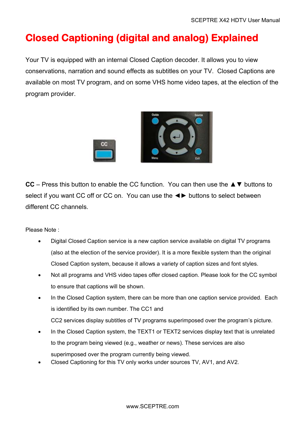 Closed captioning (digital and analog) explained | Sceptre X42BV-FULLHD User Manual | Page 109 / 128