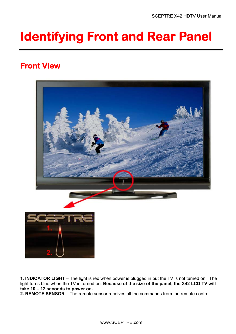 Identifying front and rear panel, Front view | Sceptre X42BV-FULLHD User Manual | Page 11 / 128