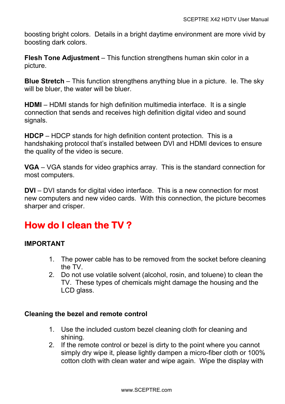 How do i clean the tv | Sceptre X42BV-FULLHD User Manual | Page 115 / 128