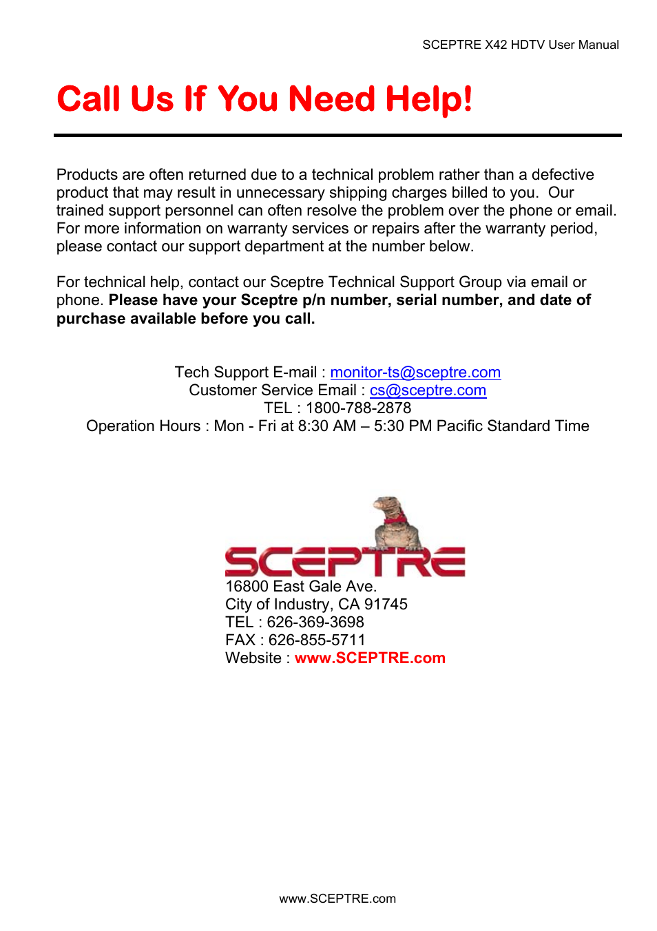 Call us if you need help | Sceptre X42BV-FULLHD User Manual | Page 120 / 128