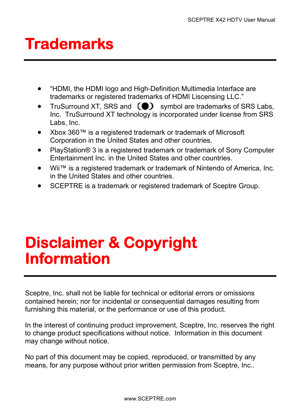 Trademarks, Disclaimer & copyright information | Sceptre X42BV-FULLHD User Manual | Page 127 / 128