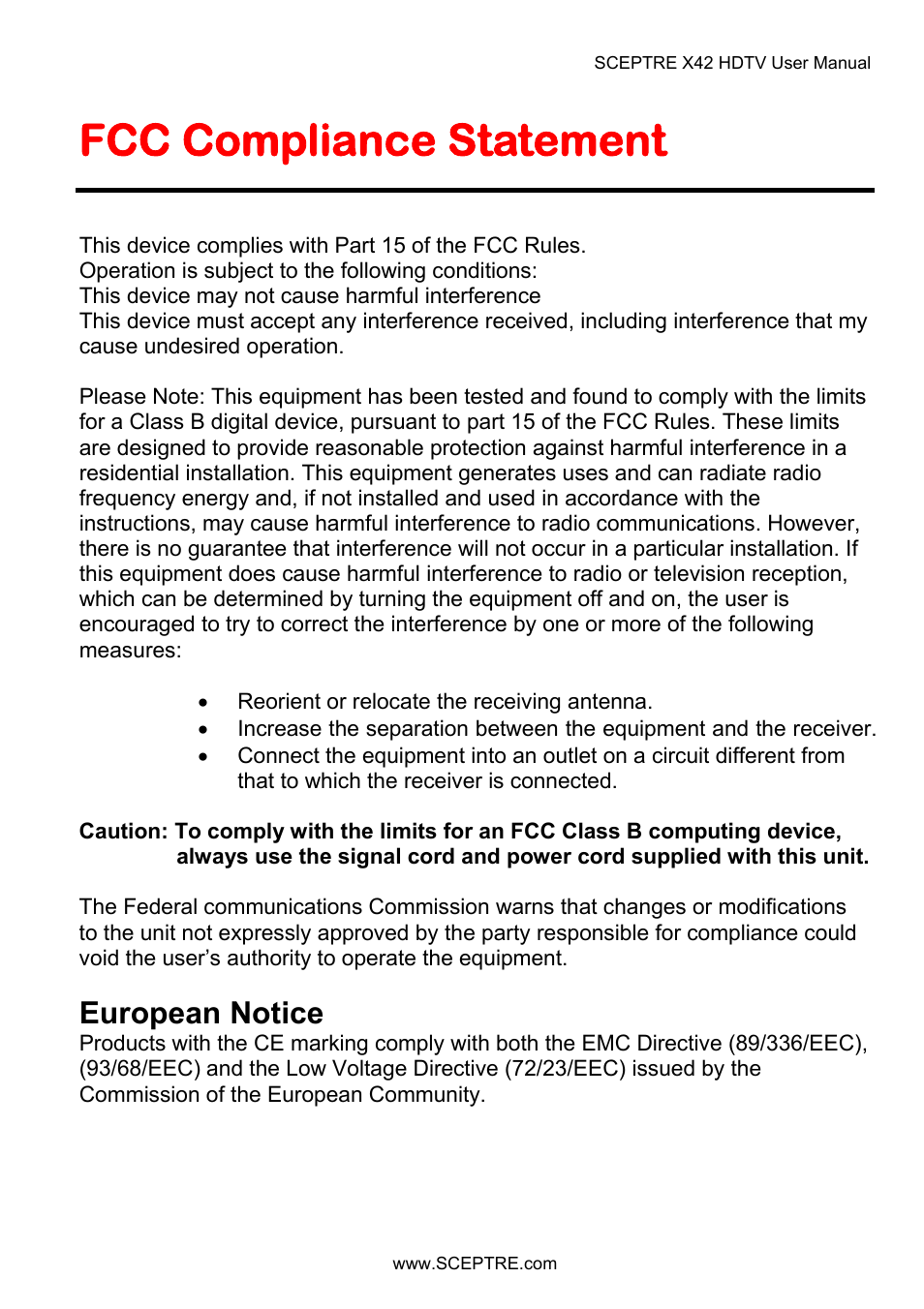 Fcc compliance statement, European notice | Sceptre X42BV-FULLHD User Manual | Page 128 / 128