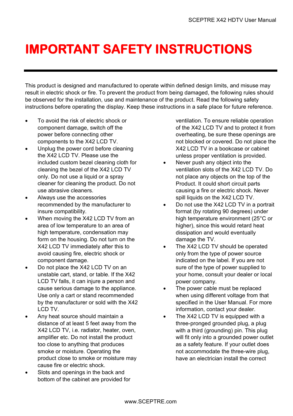 Important safety instructions | Sceptre X42BV-FULLHD User Manual | Page 3 / 128