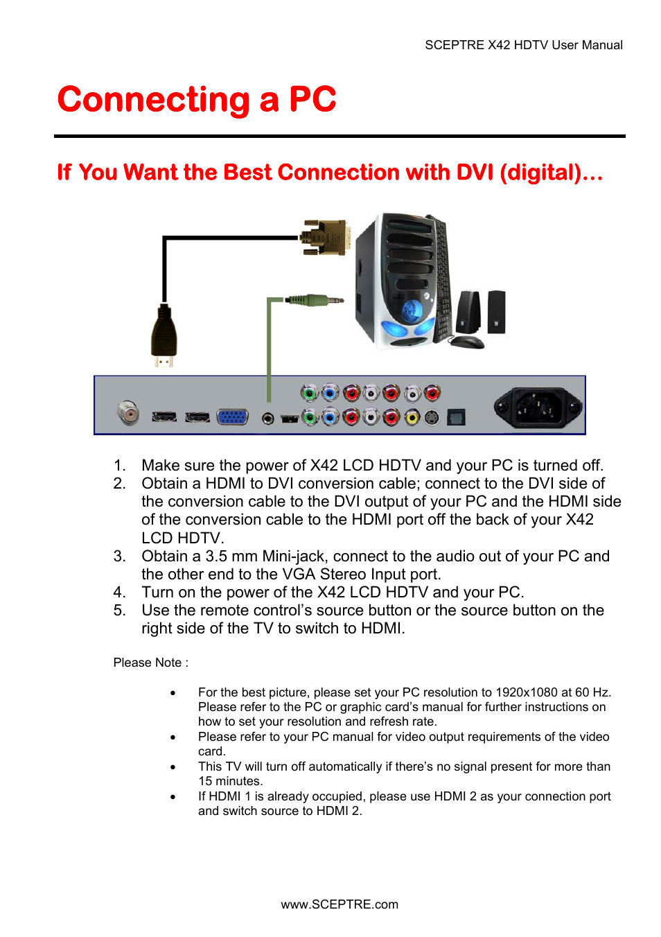 Connecting a pc, If you want the best connection with dvi (digital) | Sceptre X42BV-FULLHD User Manual | Page 39 / 128