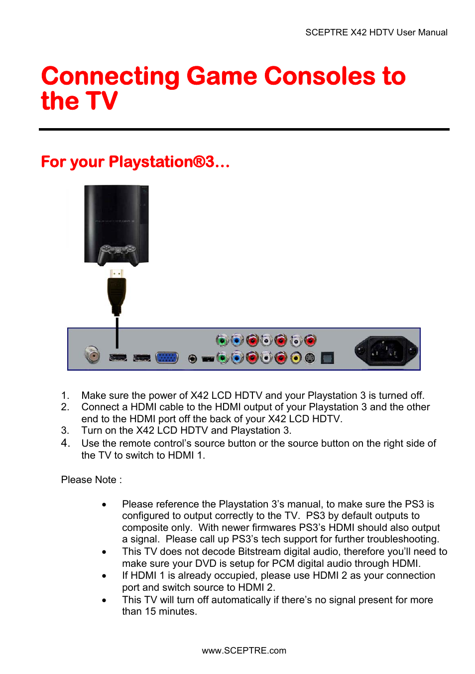 Connecting game consoles to the tv, For your playstation®3 | Sceptre X42BV-FULLHD User Manual | Page 41 / 128