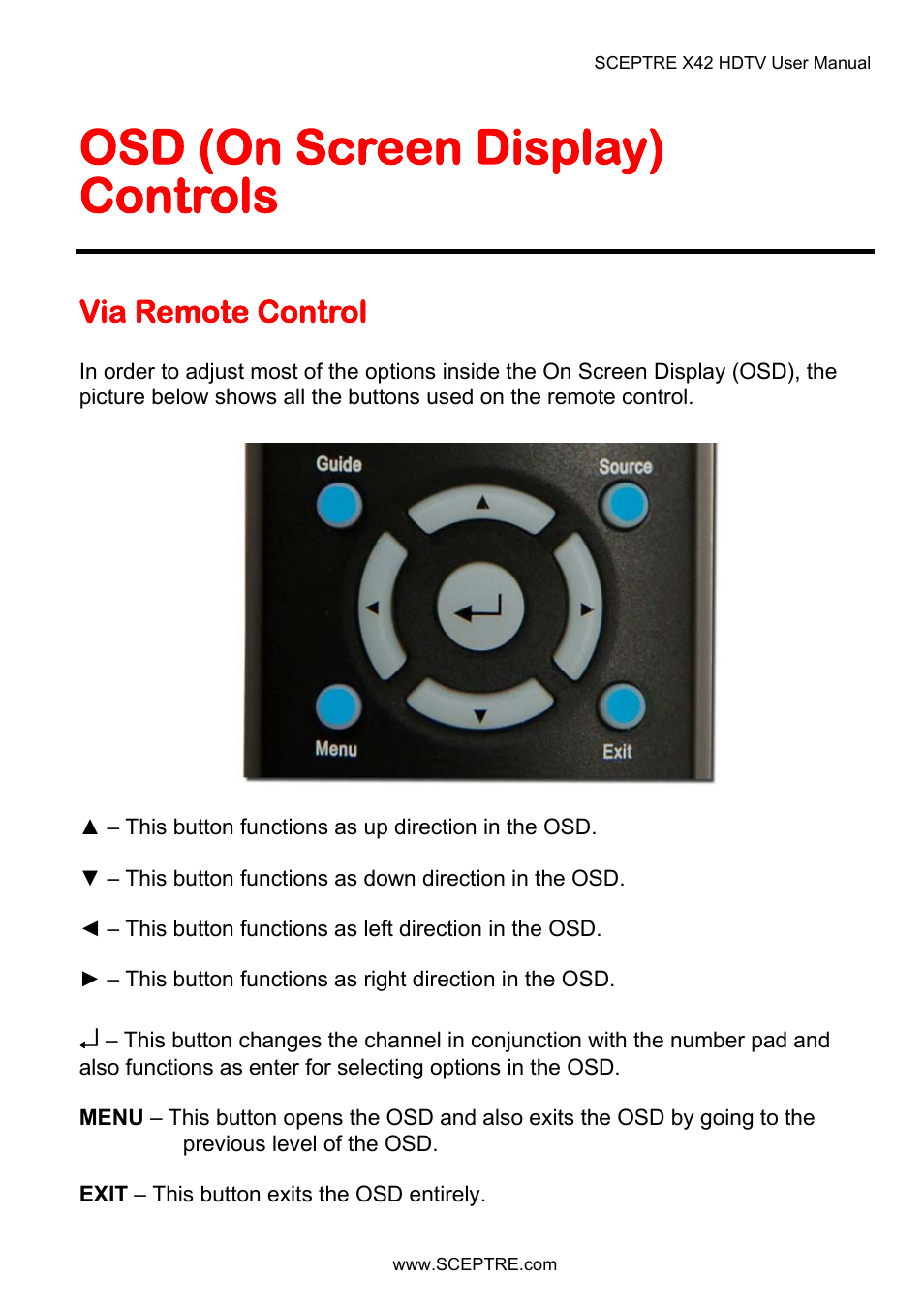 Osd (on screen display) controls, Via remote control | Sceptre X42BV-FULLHD User Manual | Page 46 / 128