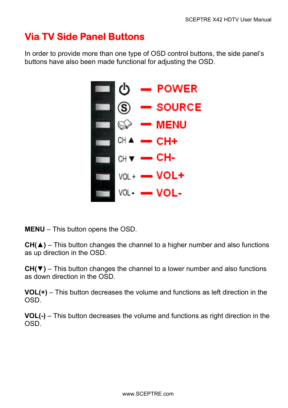 Via tv side panel buttons | Sceptre X42BV-FULLHD User Manual | Page 47 / 128