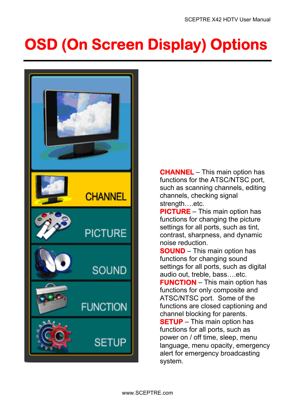 Osd (on screen display) options | Sceptre X42BV-FULLHD User Manual | Page 48 / 128