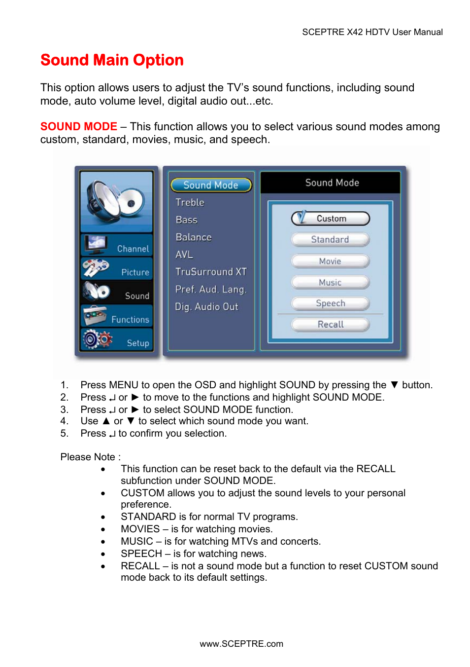 Sound main option | Sceptre X42BV-FULLHD User Manual | Page 66 / 128