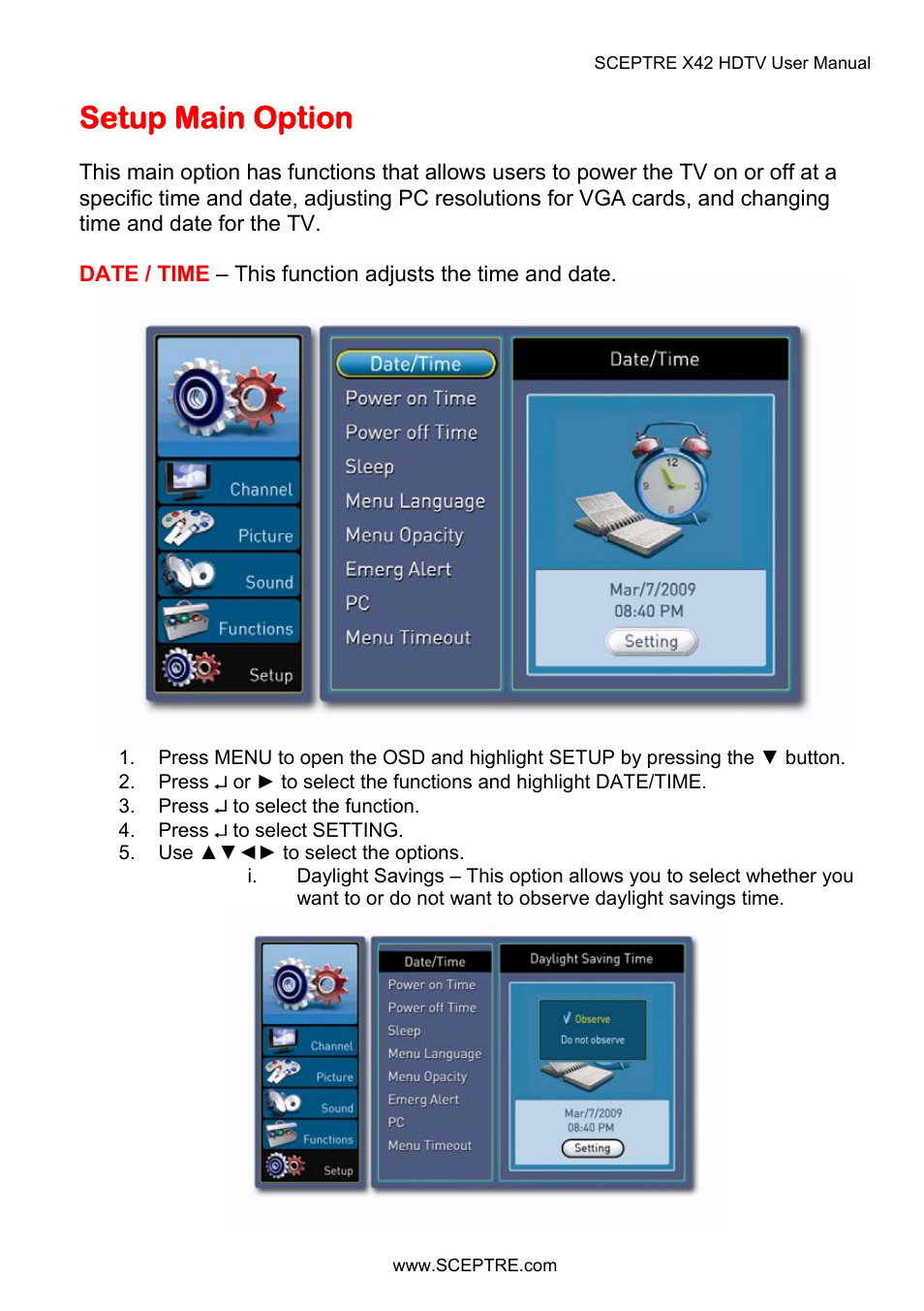 Setup main option | Sceptre X42BV-FULLHD User Manual | Page 87 / 128