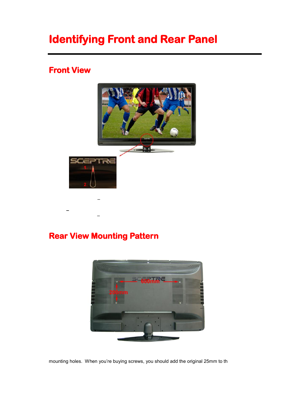 Identifying front and rear panel, Front view, Rear view mounting pattern | Sceptre X46BV-1080P User Manual | Page 11 / 53