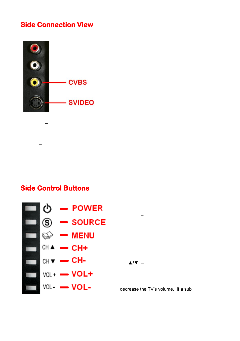 Side connection view, Side control buttons | Sceptre X46BV-1080P User Manual | Page 12 / 53