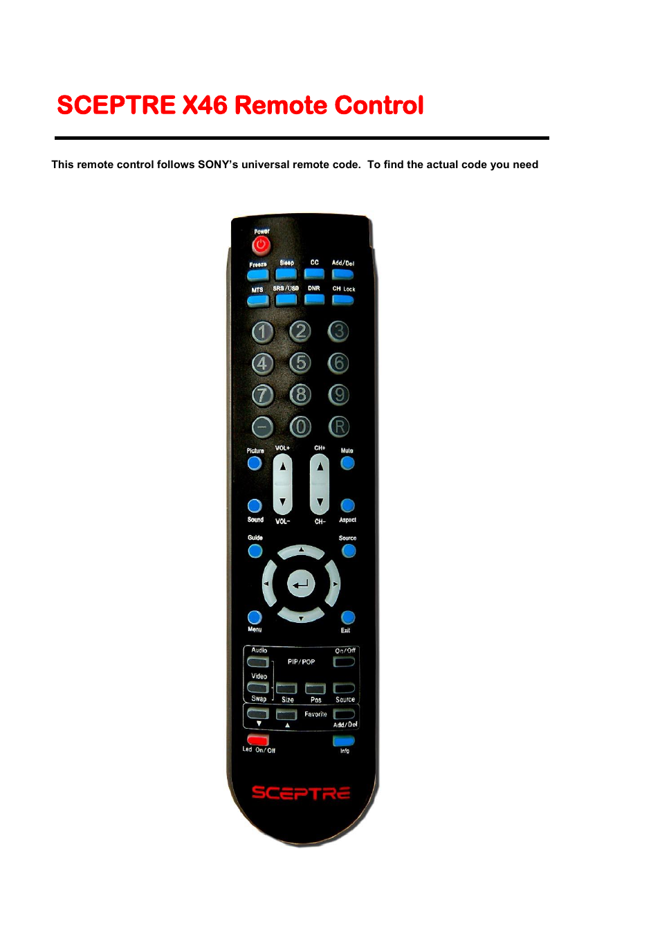 Sceptre x46 remote control | Sceptre X46BV-1080P User Manual | Page 14 / 53