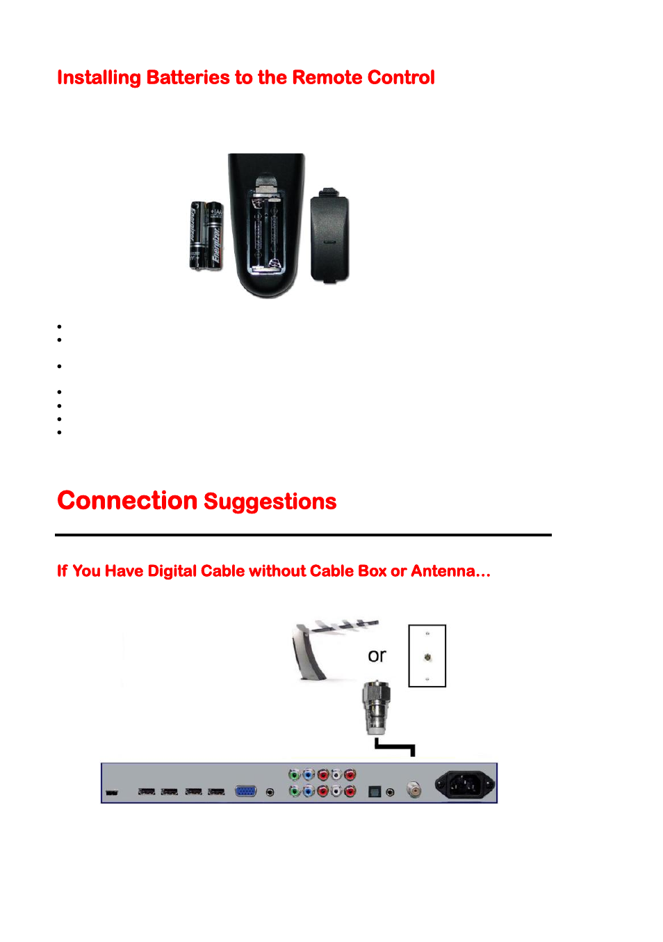 Installing batteries to the remote control, Connection suggestions, Connection | Suggestions | Sceptre X46BV-1080P User Manual | Page 18 / 53