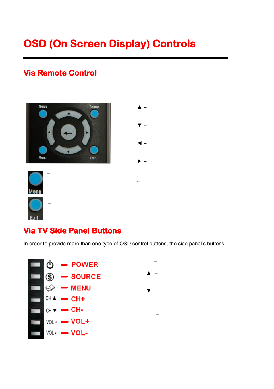 Osd (on screen display) controls, Via remote control, Via tv side panel buttons | Sceptre X46BV-1080P User Manual | Page 26 / 53