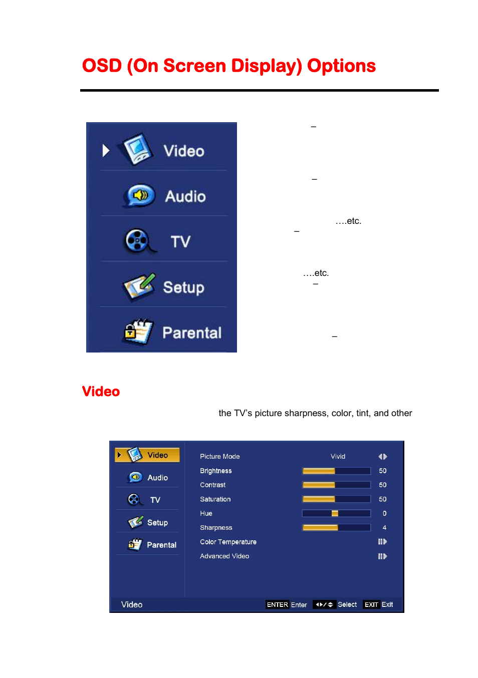 Osd (on screen display) options, Video | Sceptre X46BV-1080P User Manual | Page 27 / 53