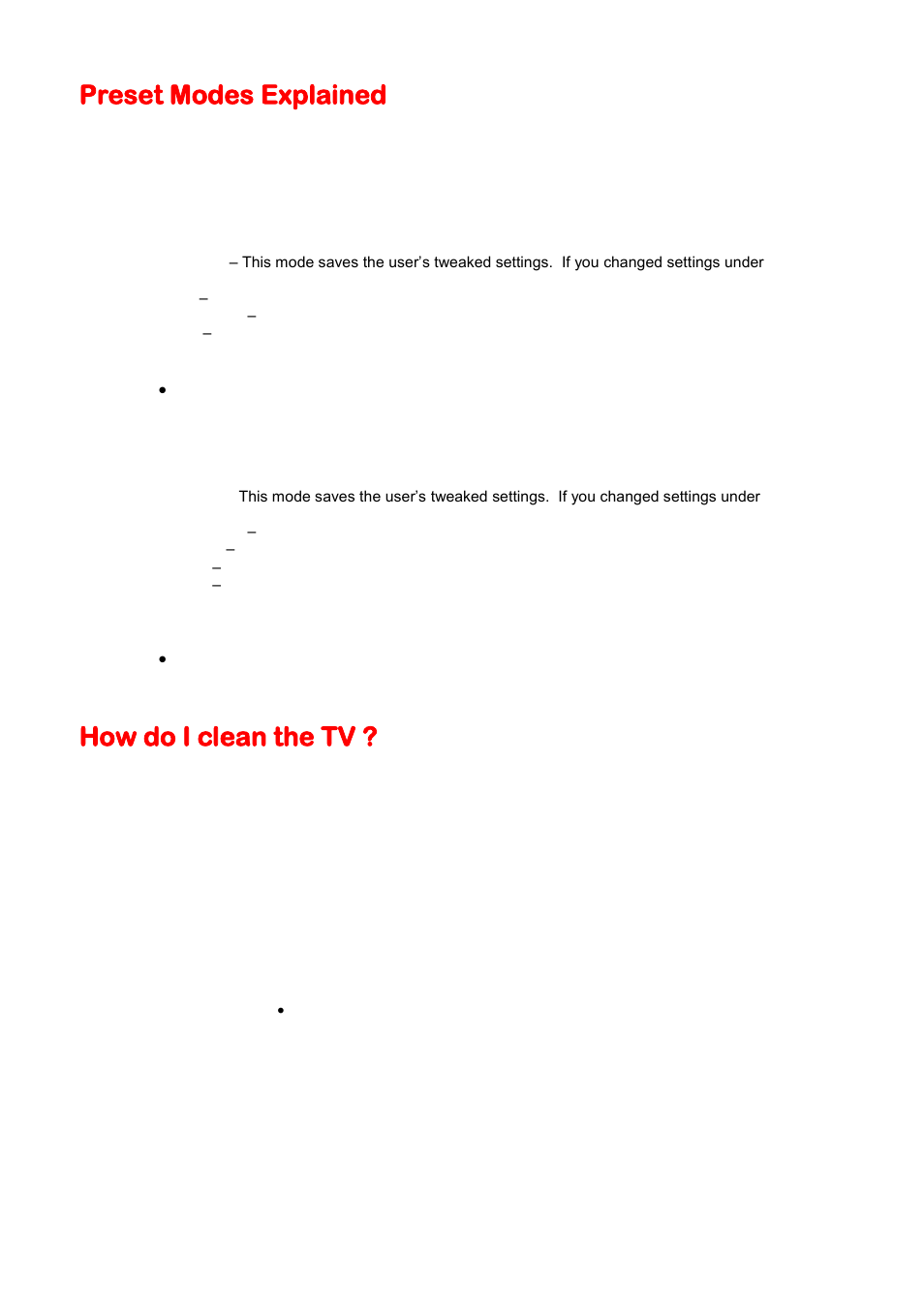 Preset modes explained, How do i clean the tv | Sceptre X46BV-1080P User Manual | Page 44 / 53