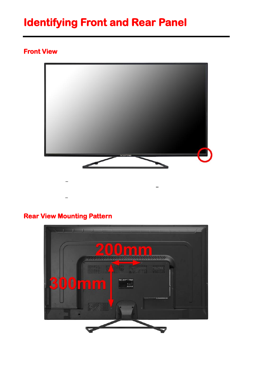 Identifying front and rear panel, Front view, Rear view mounting pattern | Sceptre U508CV-UMK User Manual | Page 10 / 60