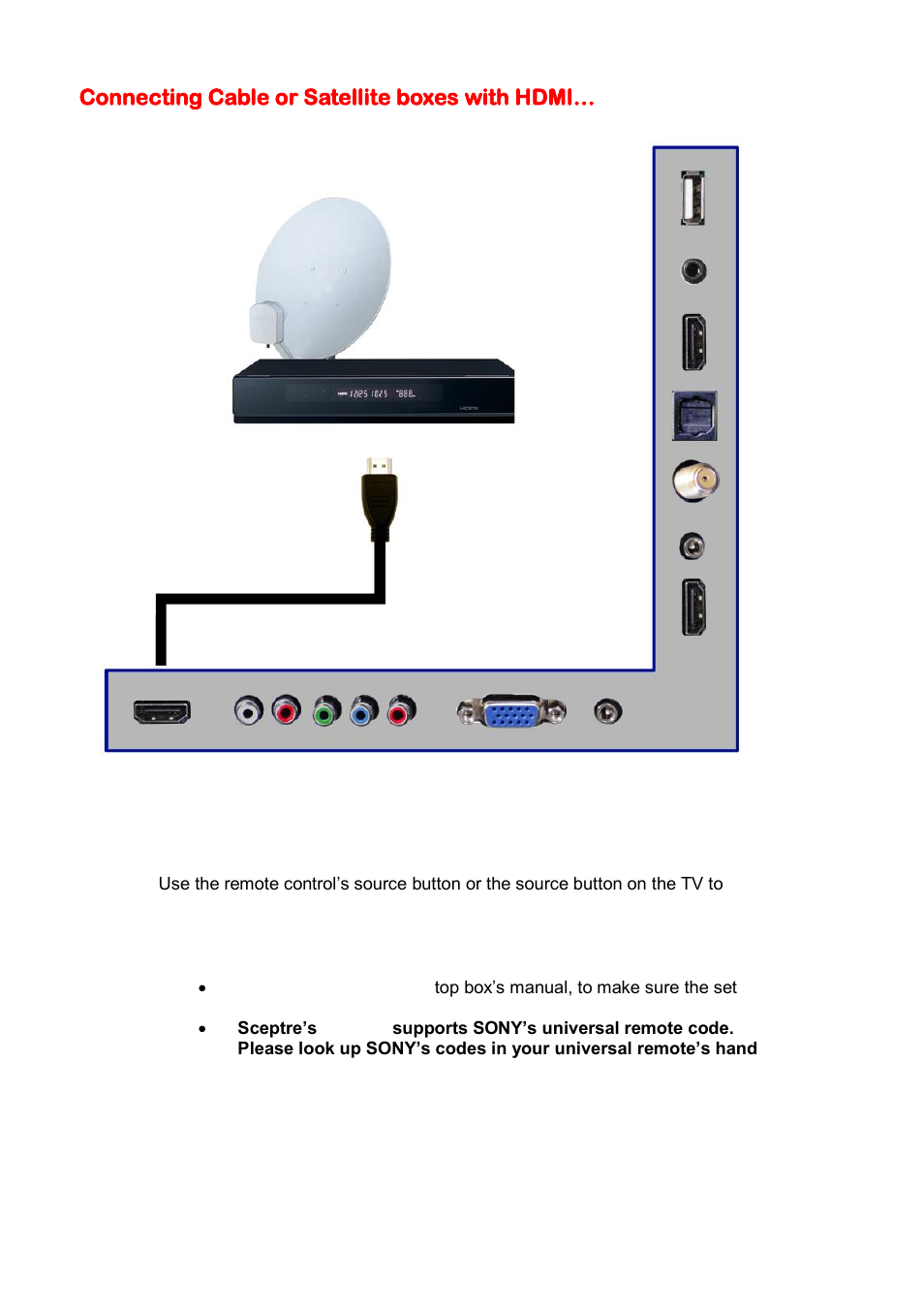 Connecting cable or satellite boxes with hdmi | Sceptre U508CV-UMK User Manual | Page 20 / 60