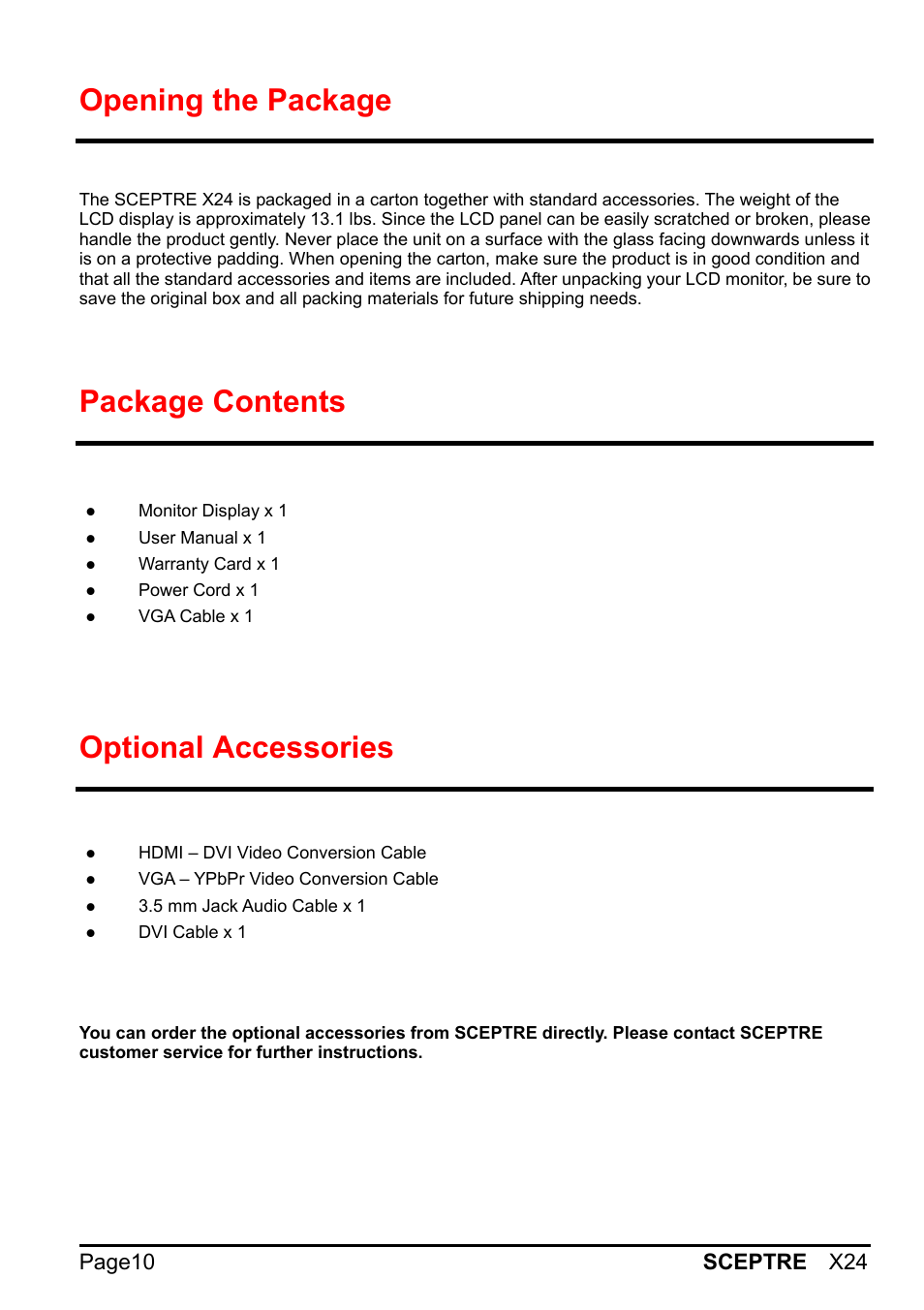 Opening the package, Package contents, Optional accessories | Page10 sceptre x24 | Sceptre X24WG-1080 User Manual | Page 10 / 55