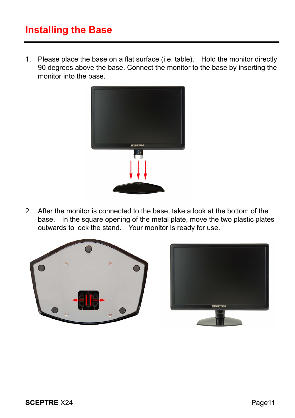 Installing the base | Sceptre X24WG-1080 User Manual | Page 11 / 55