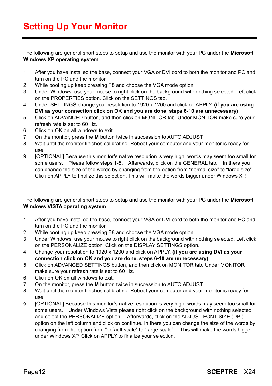 Setting up your monitor, Page12 sceptre x24 | Sceptre X24WG-1080 User Manual | Page 12 / 55