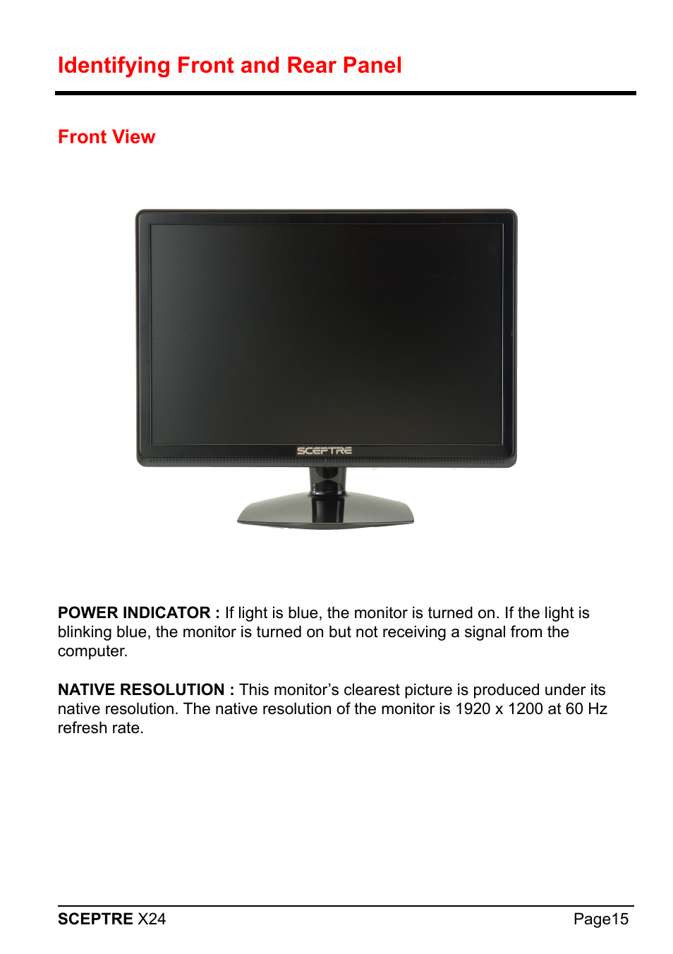 Identifying front and rear panel, Front view | Sceptre X24WG-1080 User Manual | Page 15 / 55