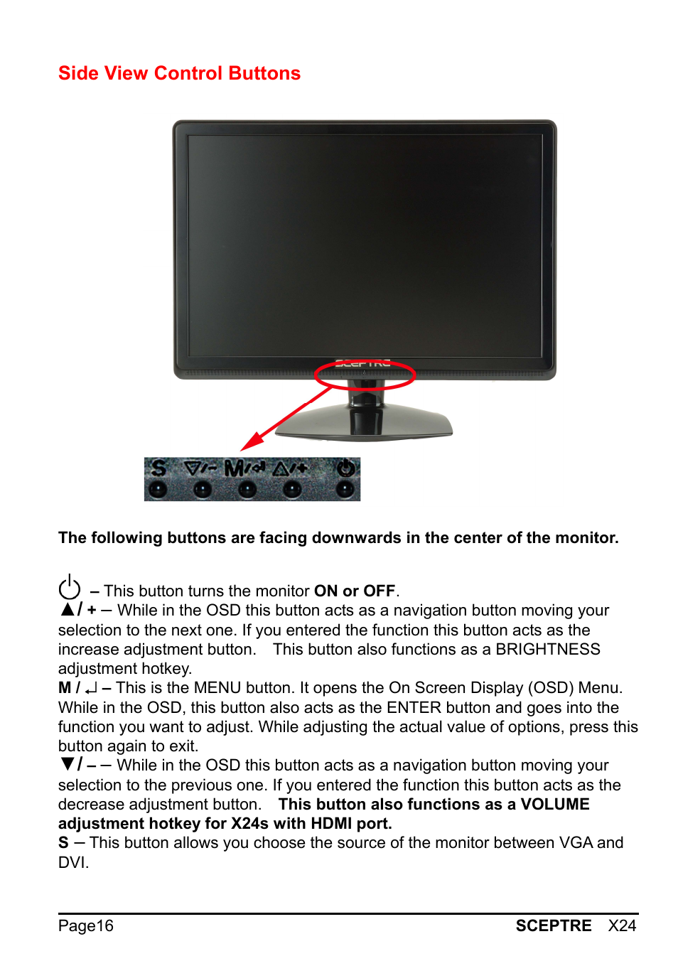 Side view control buttons | Sceptre X24WG-1080 User Manual | Page 16 / 55