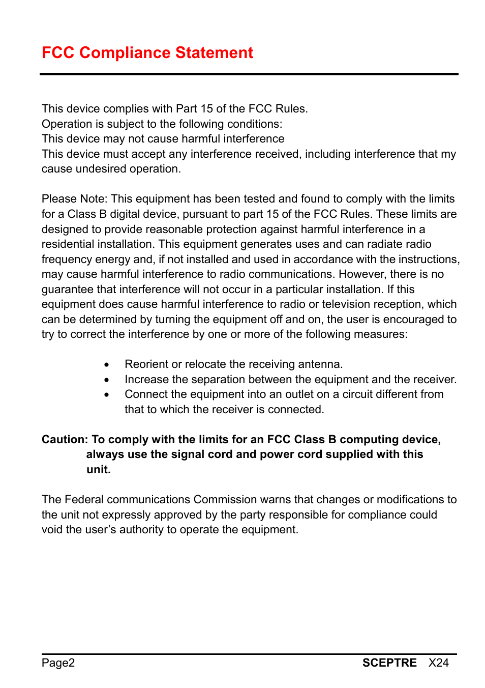 Fcc compliance statement | Sceptre X24WG-1080 User Manual | Page 2 / 55