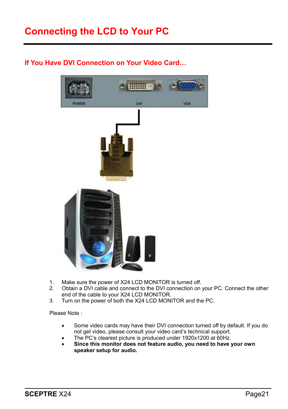 Connecting the lcd to your pc | Sceptre X24WG-1080 User Manual | Page 21 / 55