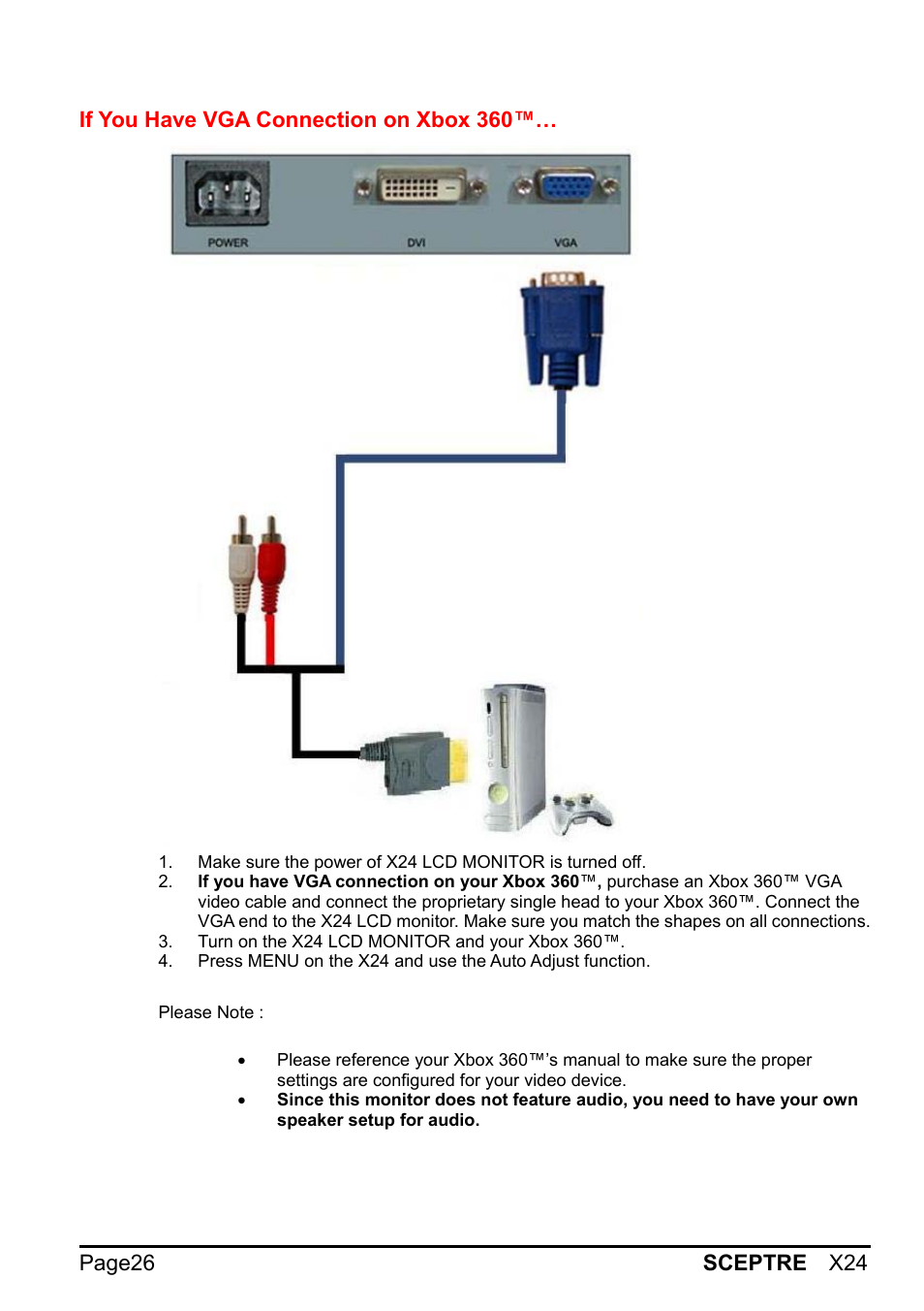 Page26 sceptre x24, If you have vga connection on xbox 360 | Sceptre X24WG-1080 User Manual | Page 26 / 55