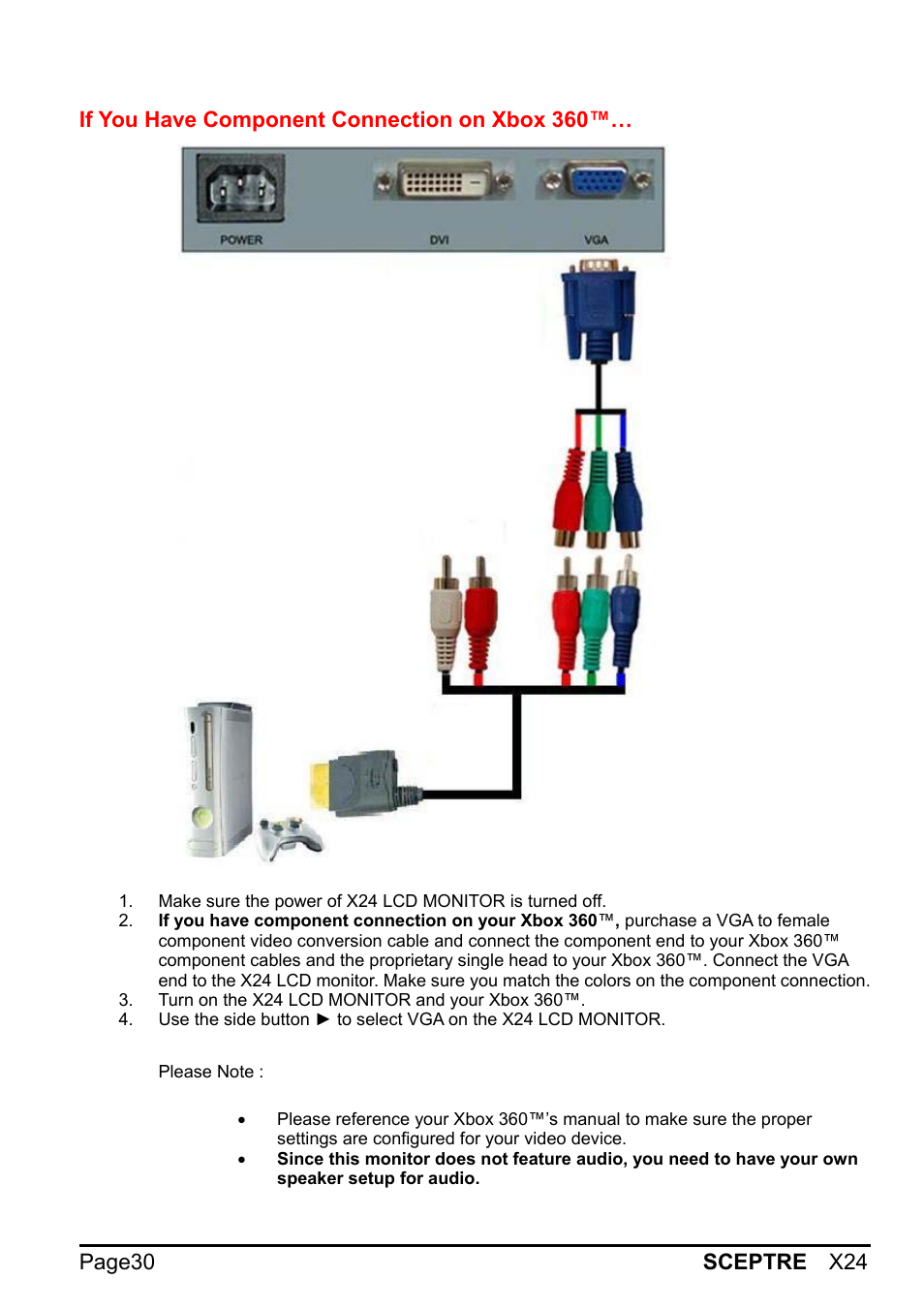 Page30 sceptre x24, If you have component connection on xbox 360 | Sceptre X24WG-1080 User Manual | Page 30 / 55