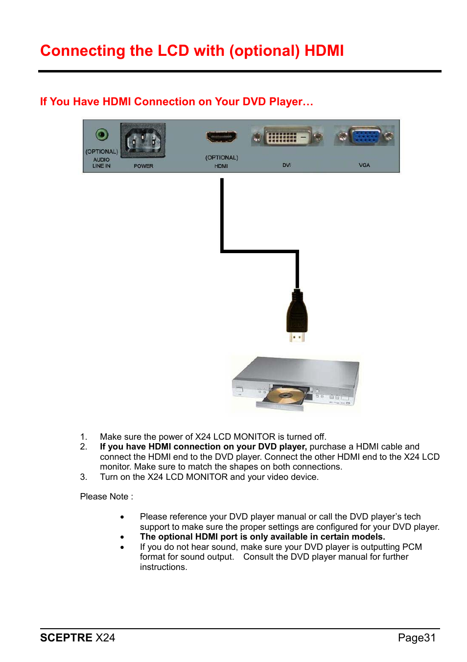 Connecting the lcd with (optional) hdmi | Sceptre X24WG-1080 User Manual | Page 31 / 55