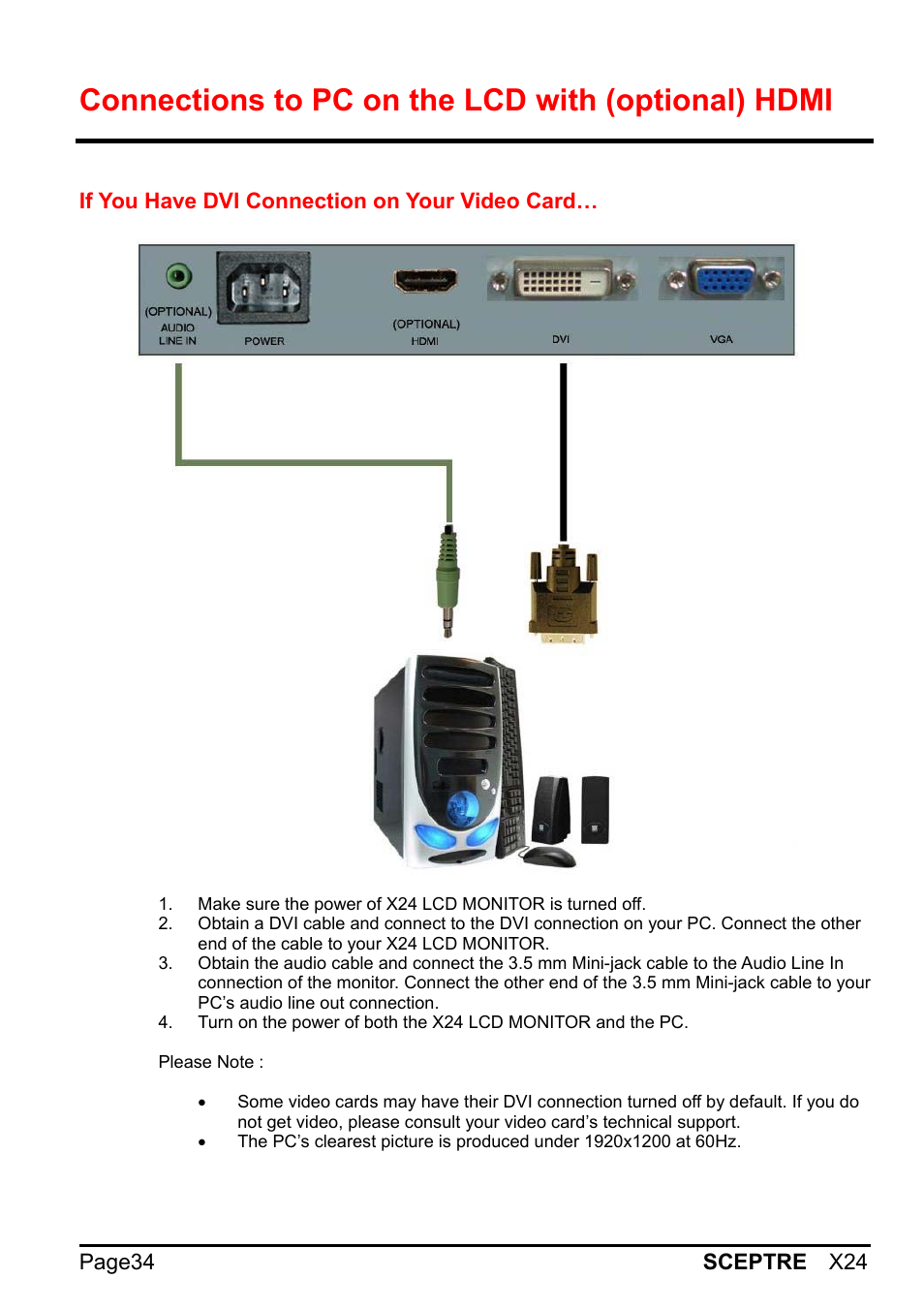 Connections to pc on the lcd with (optional) hdmi | Sceptre X24WG-1080 User Manual | Page 34 / 55