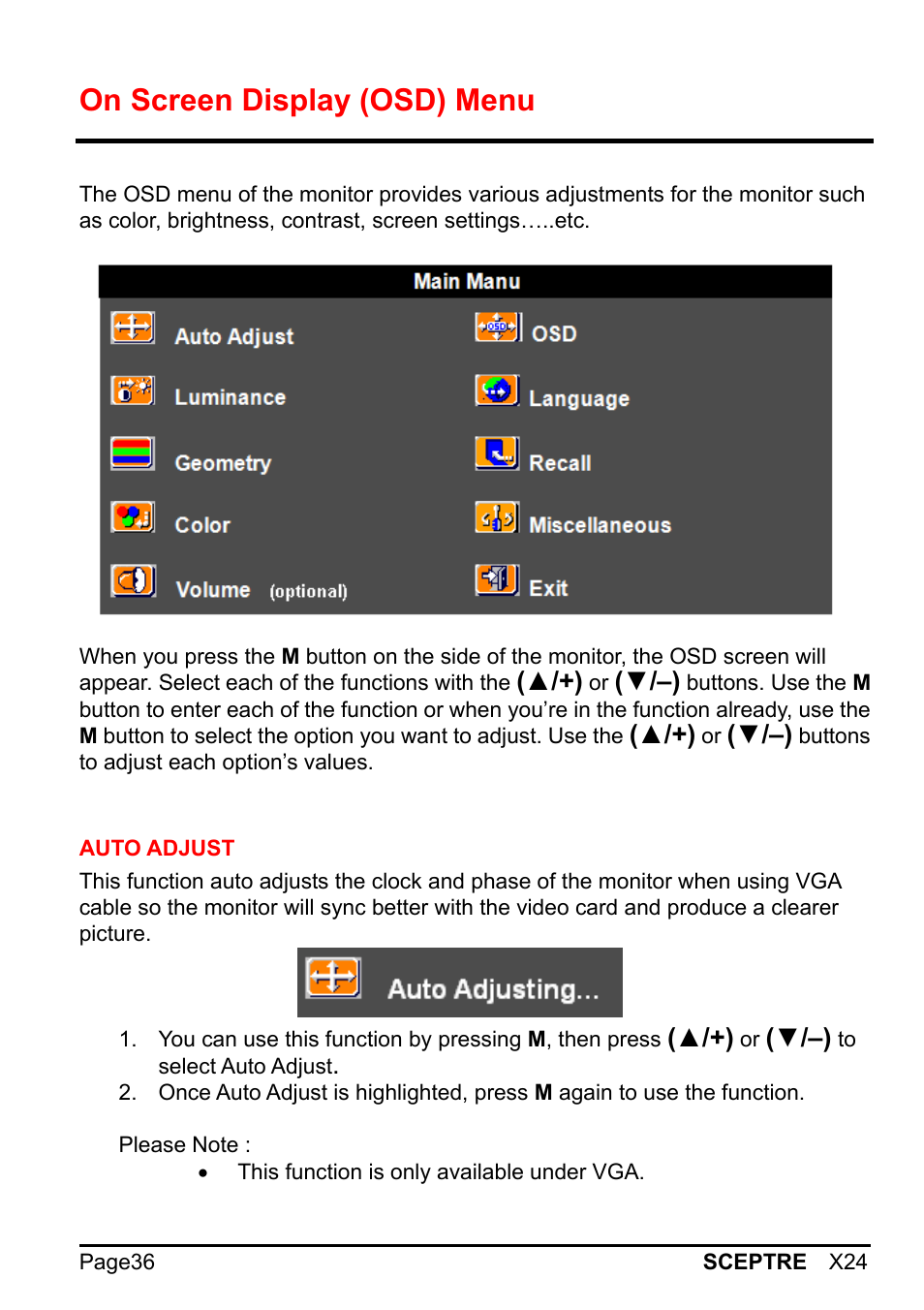 On screen display (osd) menu | Sceptre X24WG-1080 User Manual | Page 36 / 55