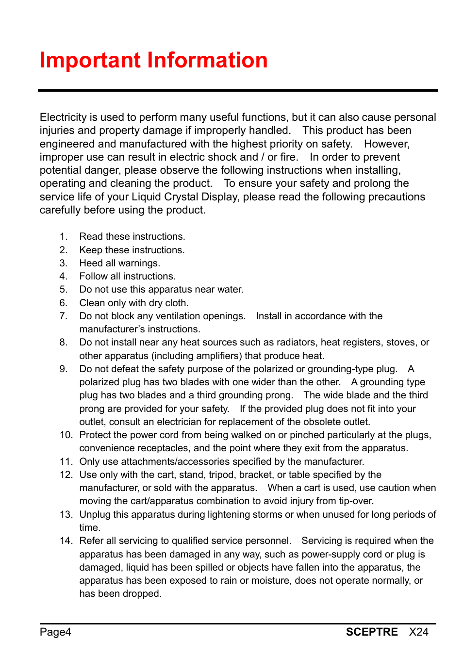 Important information | Sceptre X24WG-1080 User Manual | Page 4 / 55