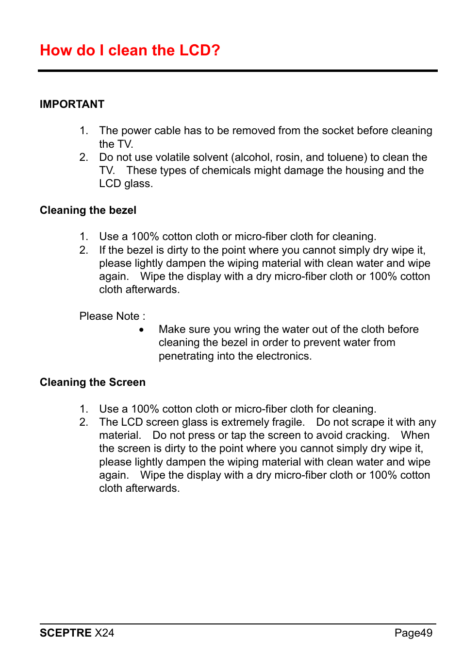 How do i clean the lcd | Sceptre X24WG-1080 User Manual | Page 49 / 55