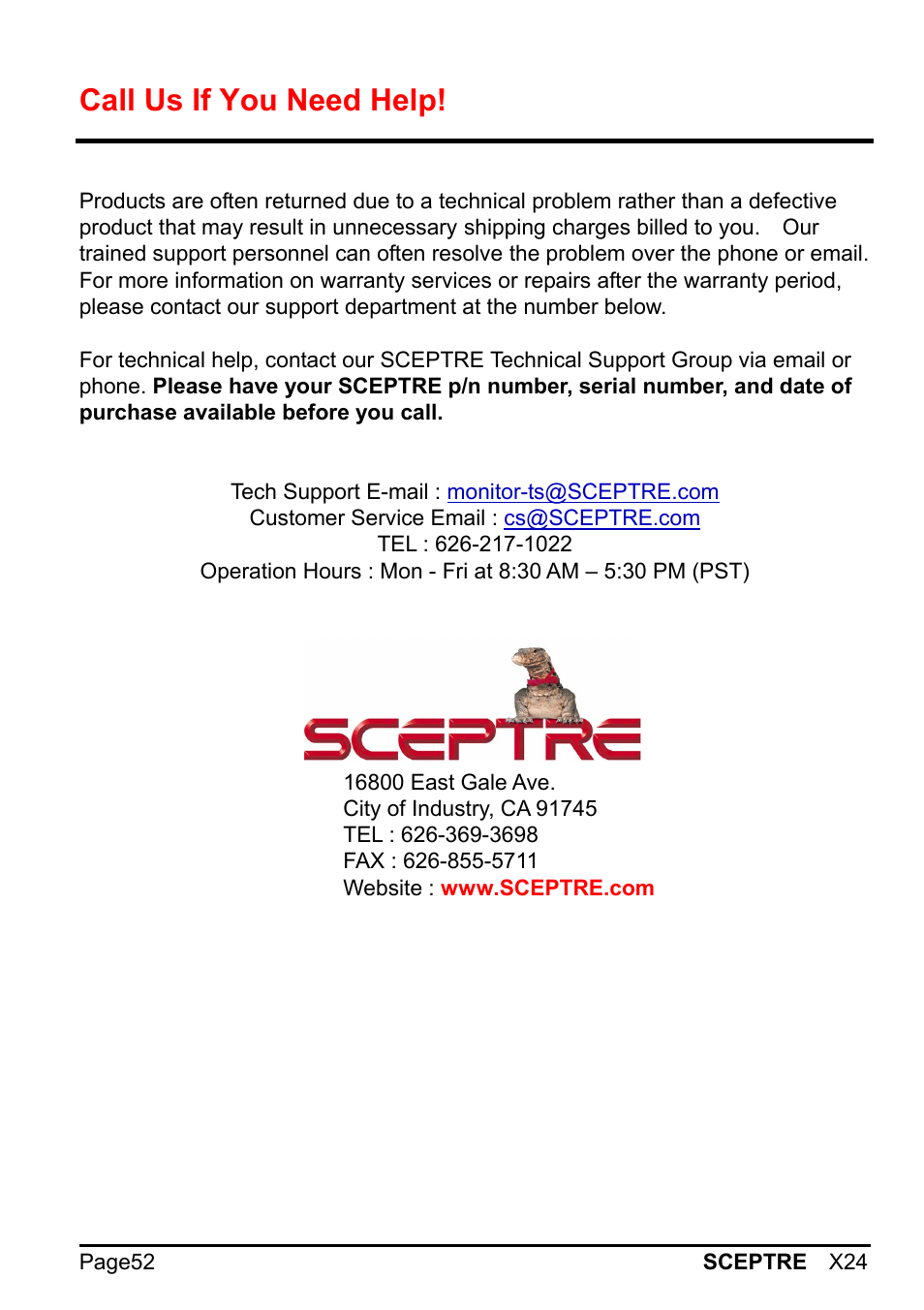 Call us if you need help | Sceptre X24WG-1080 User Manual | Page 52 / 55