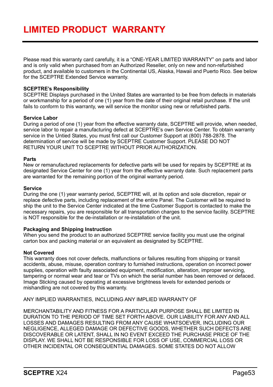 Limited product, Warranty | Sceptre X24WG-1080 User Manual | Page 53 / 55