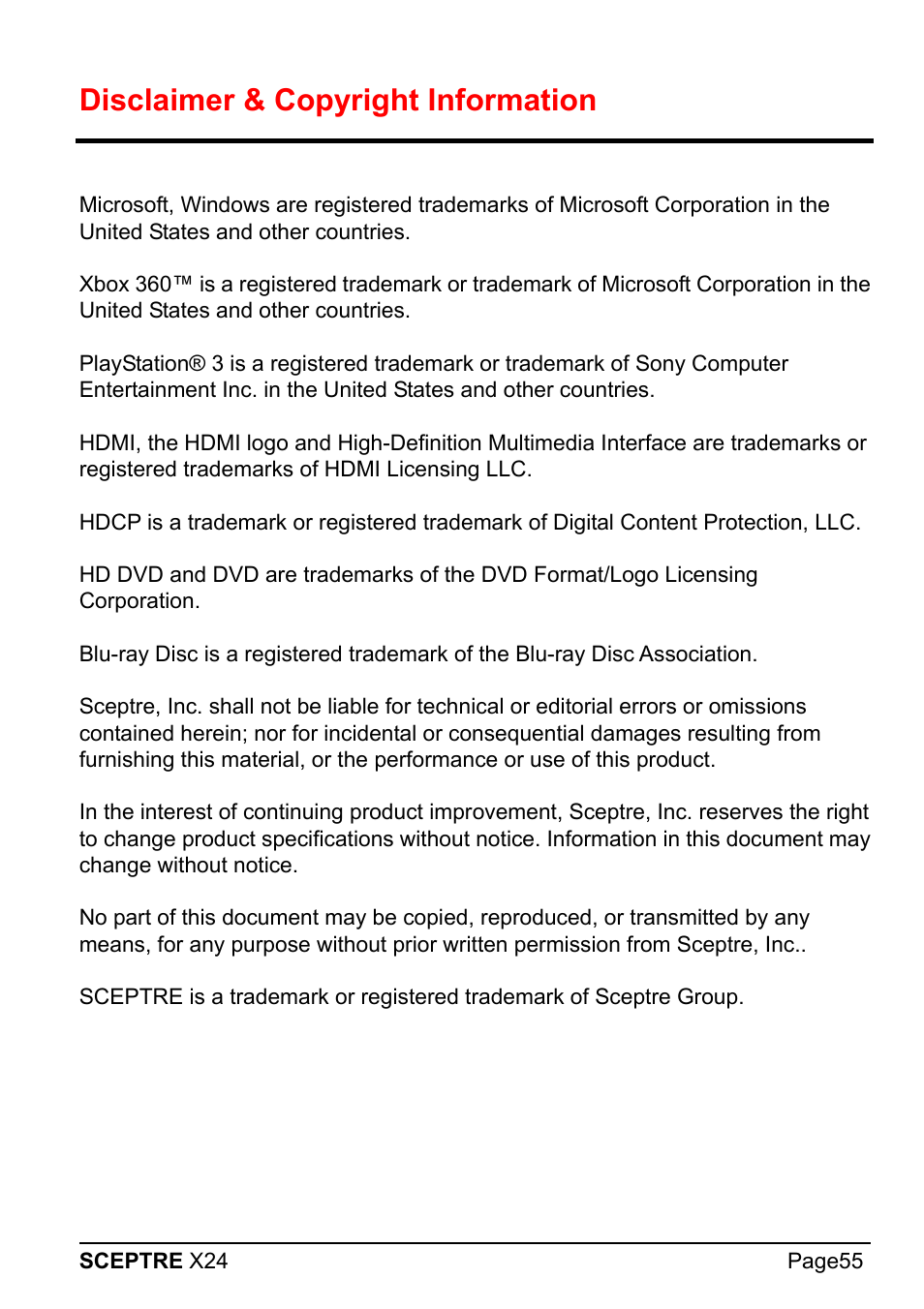 Disclaimer & copyright information | Sceptre X24WG-1080 User Manual | Page 55 / 55