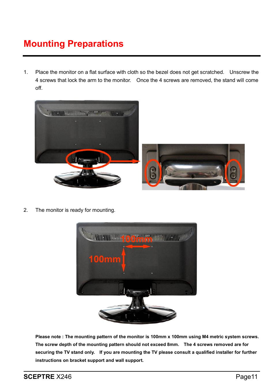 Mounting preparations | Sceptre X246W-1080P User Manual | Page 11 / 32