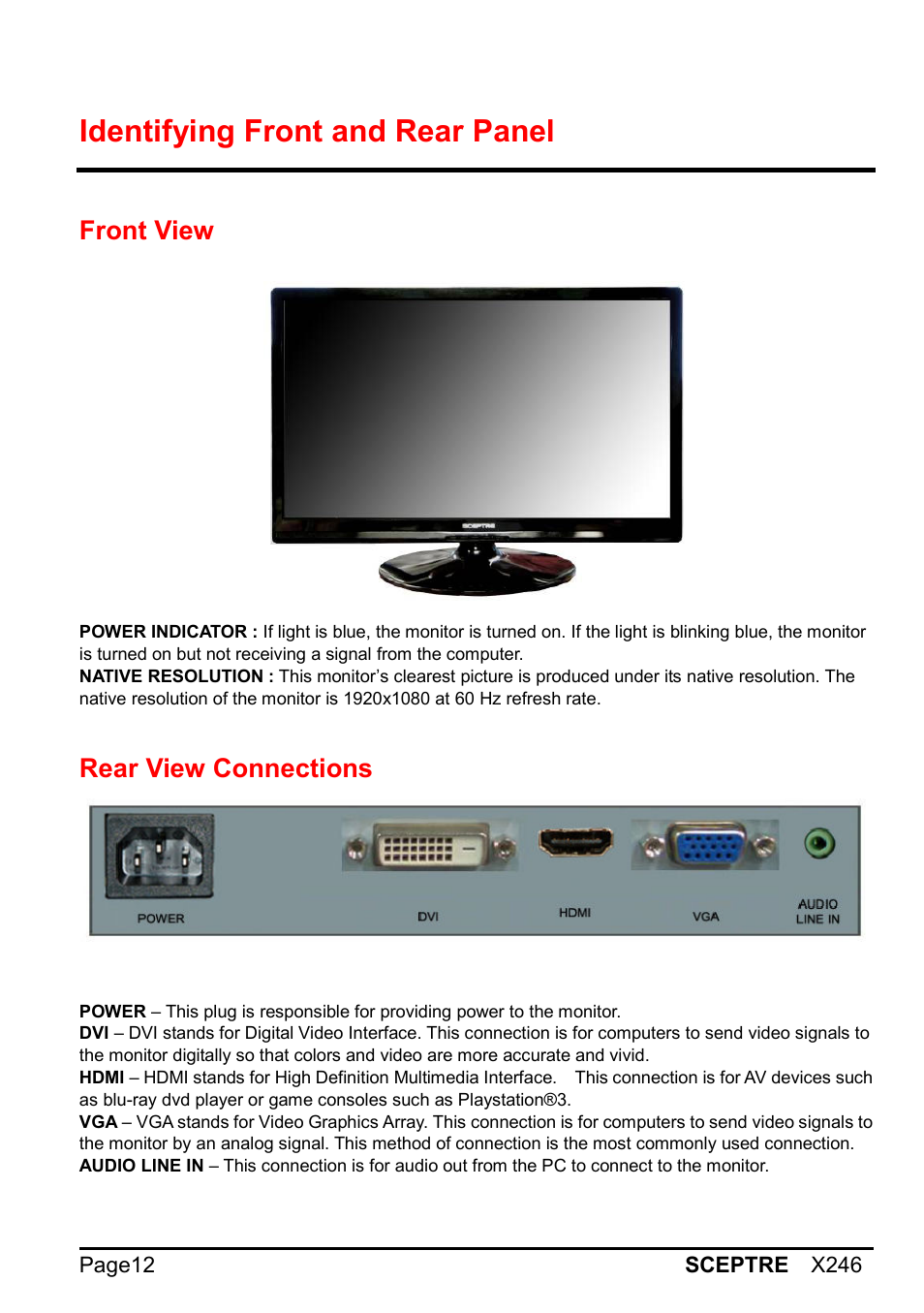 Identifying front and rear panel | Sceptre X246W-1080P User Manual | Page 12 / 32