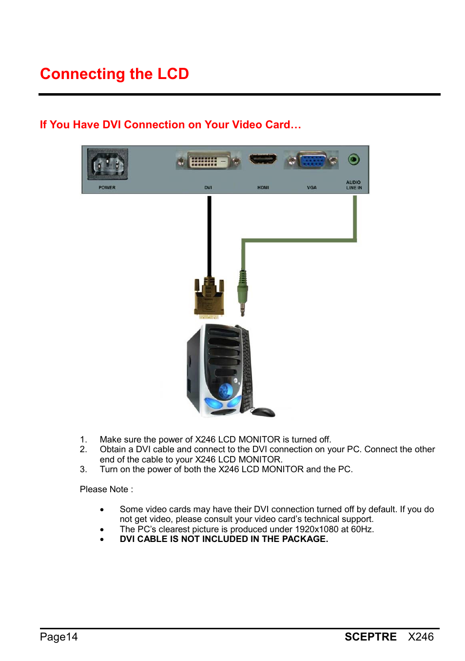 Connecting the lcd | Sceptre X246W-1080P User Manual | Page 14 / 32