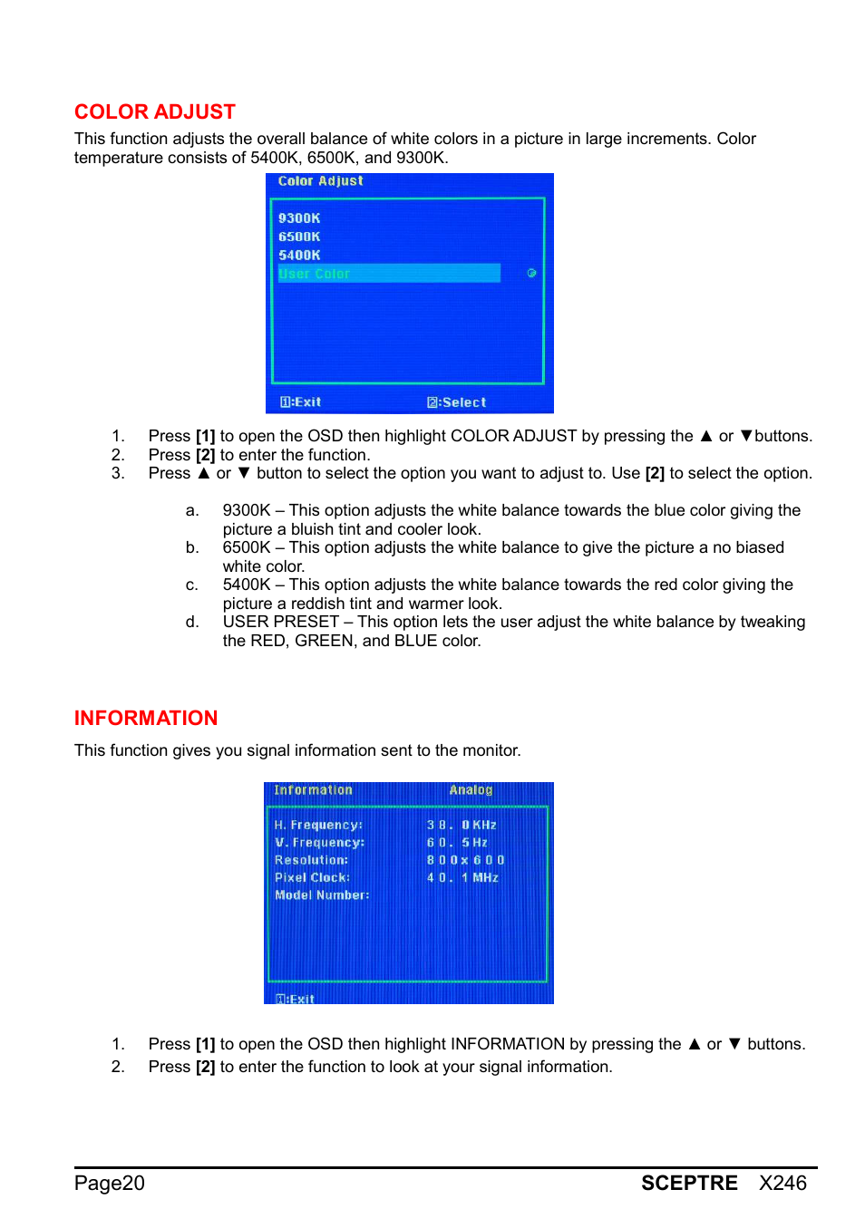 Color adjust, Information | Sceptre X246W-1080P User Manual | Page 20 / 32